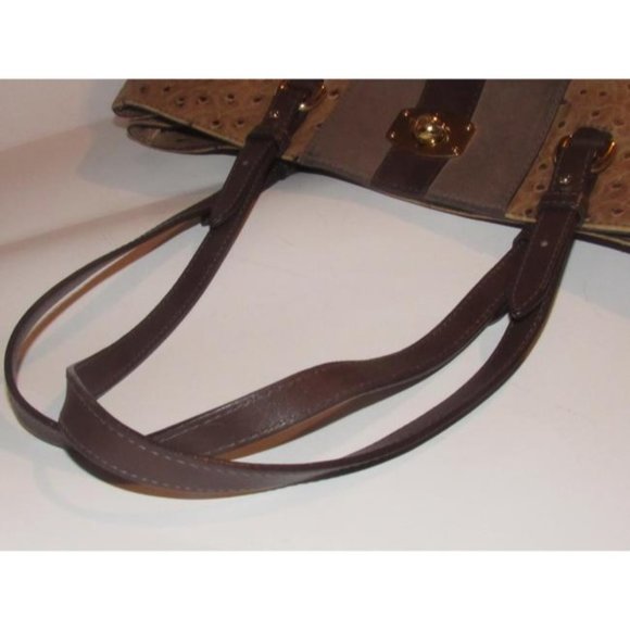 Furla Brown Ostrich XL Tote Embossed Leather And Suede Center Stripe - Picture 6 of 12